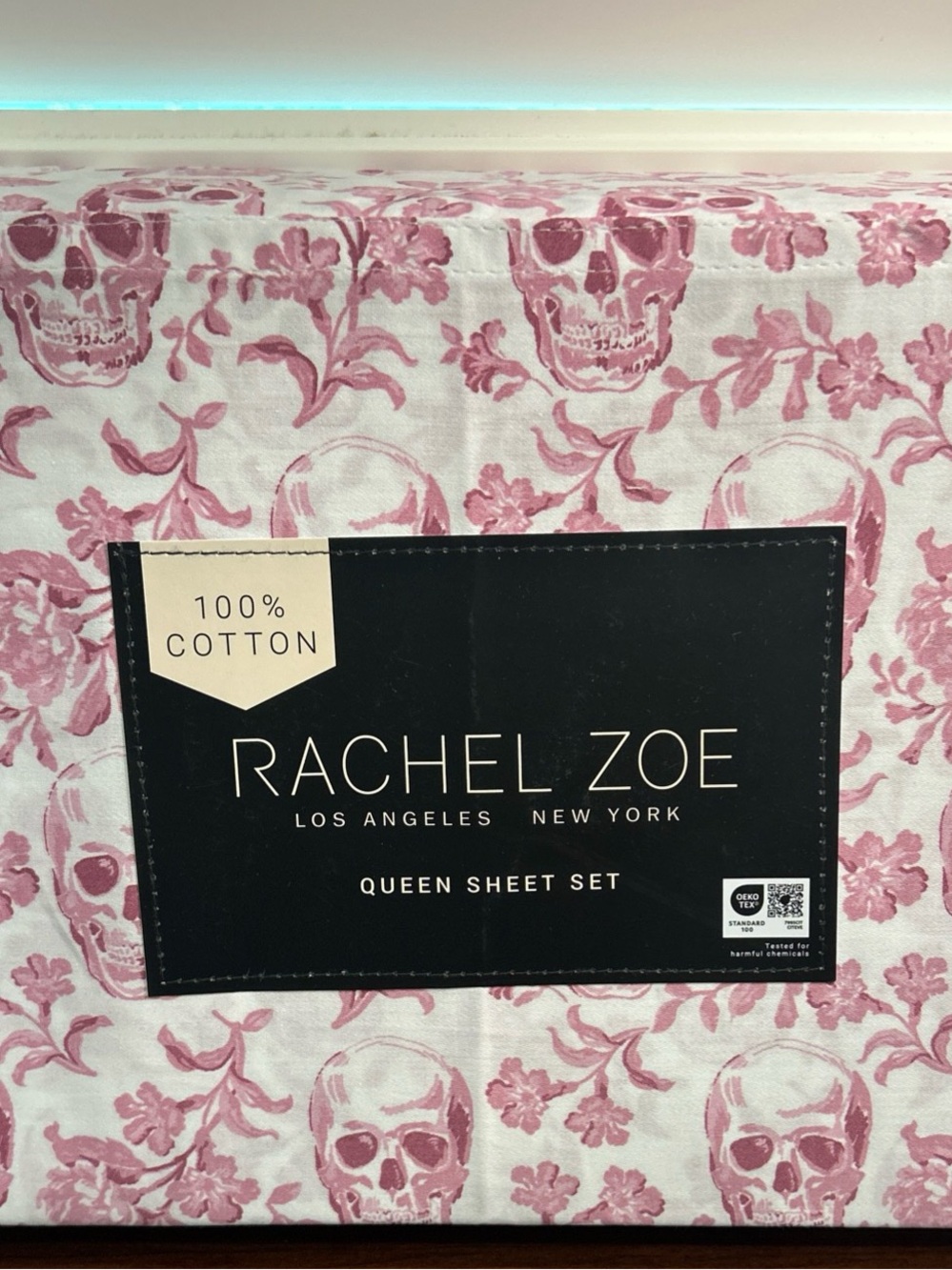 Rachel Zoe Halloween Girly Skull Floral 100% Cotton QUEEN Sheet Set PINK